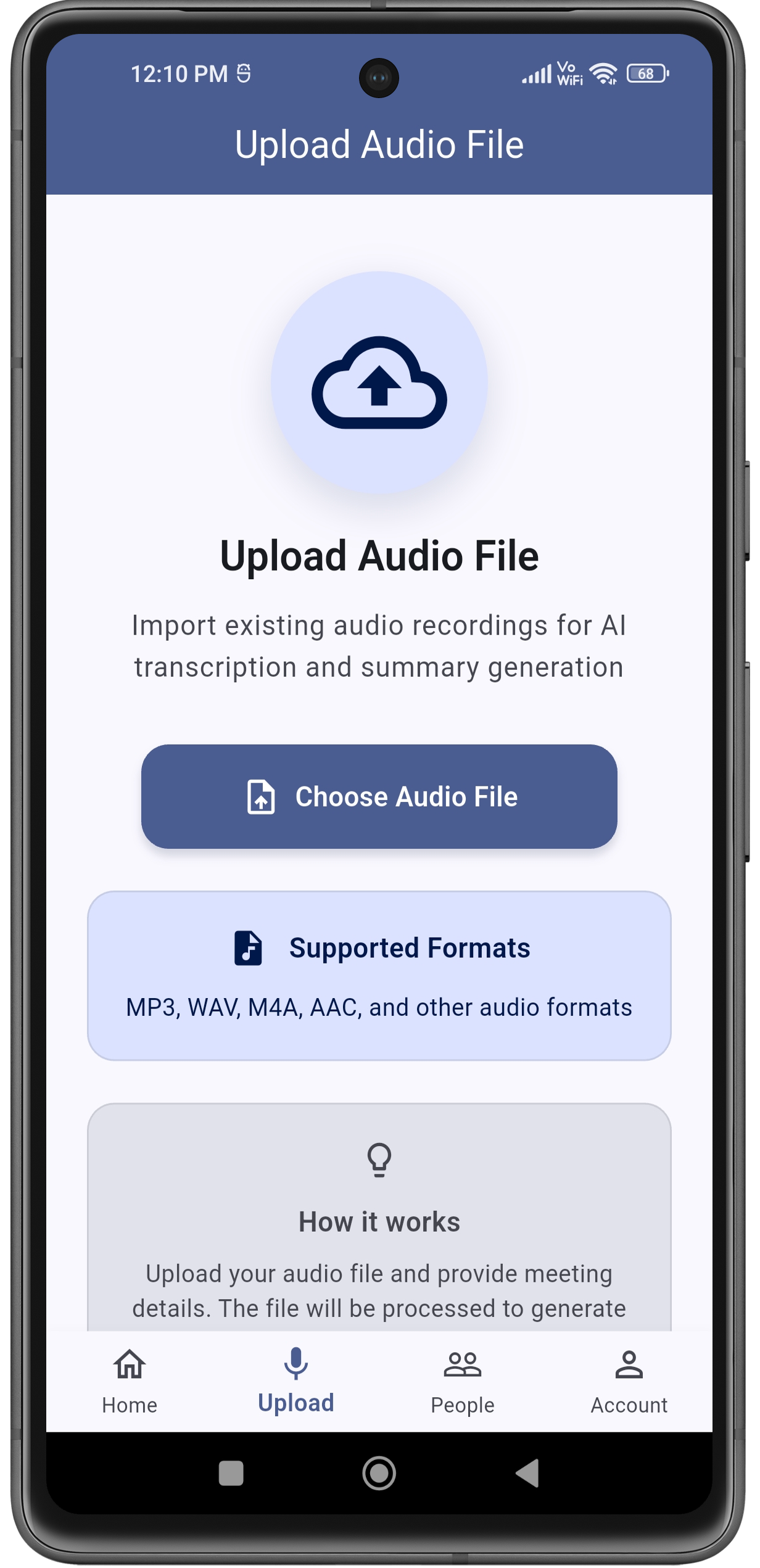 ScribeAI Upload audio recording of meeting screen